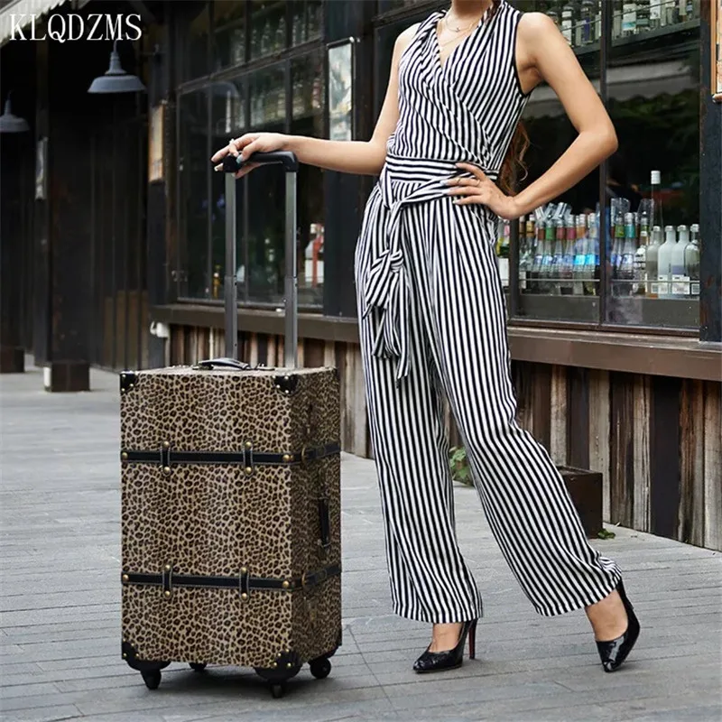 KLQDZMS 20/24/26inch Ретро прокатки Чемодан Для женщин полиуретан дерево LovelyLeopard patternTravel