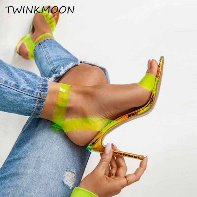 

35-42 Neon Sandals Women Clear Transparent Heels Holographic Shoes Female Sexy High Heels Party Summer Ladies Shoes Fashion 2019