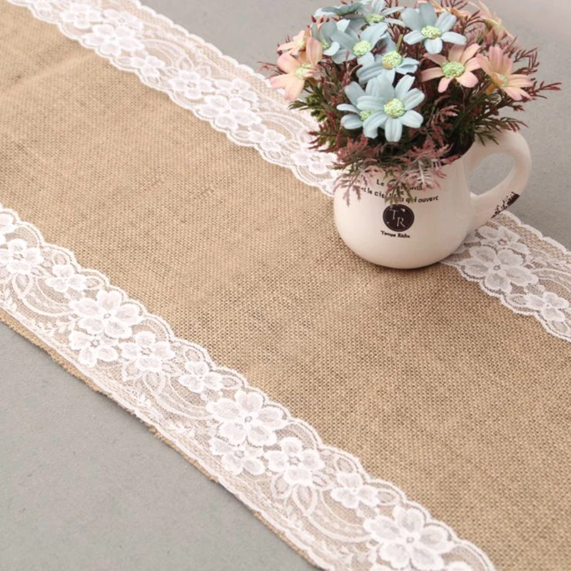 

WHISM Retro Burlap Lace Table Runner Restaurant Square Table Cloth Dining Room Linen Table Runner for Wedding Decoration