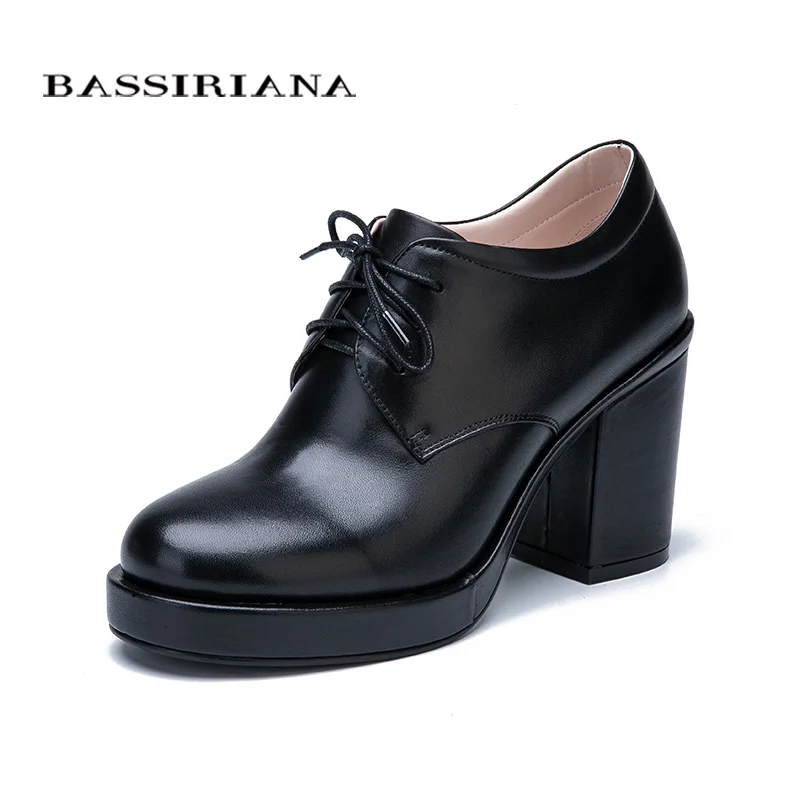 

BASSIRIANA New Fashion 2017 Genuine leather suede laces shoes woman ankle boots high heels round toe Autumn 35-40 size black