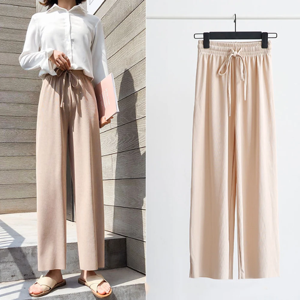 

Spring and summer new style Women's thin ice silk wide leg pants High waist Korean version of straight elastic waist pants