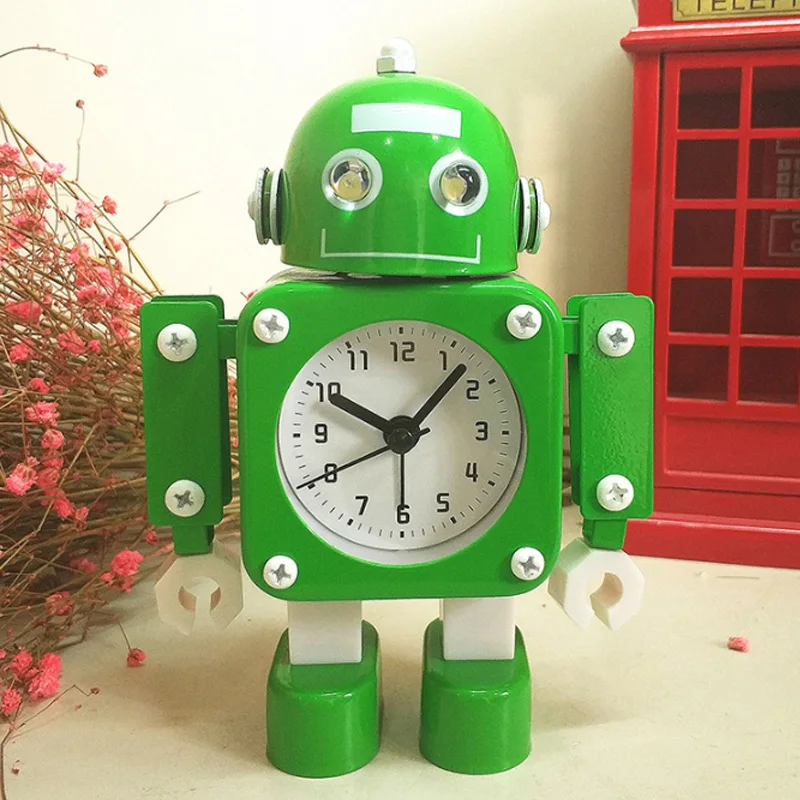 

Lovely metal cartoon robot alarm clock with night light can rotate arm child alarm clock strap