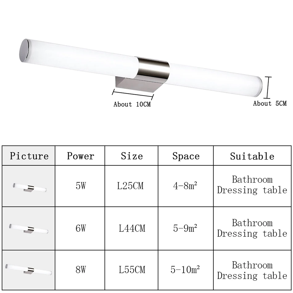 Светодиодный настенная лампа, зеркало, телескопическая Водонепроницаемая Ванная комната 6 Вт 44 см 8 Вт 55 см, освещение в помещении, приспособление, Декор, макияж, комод 220 В