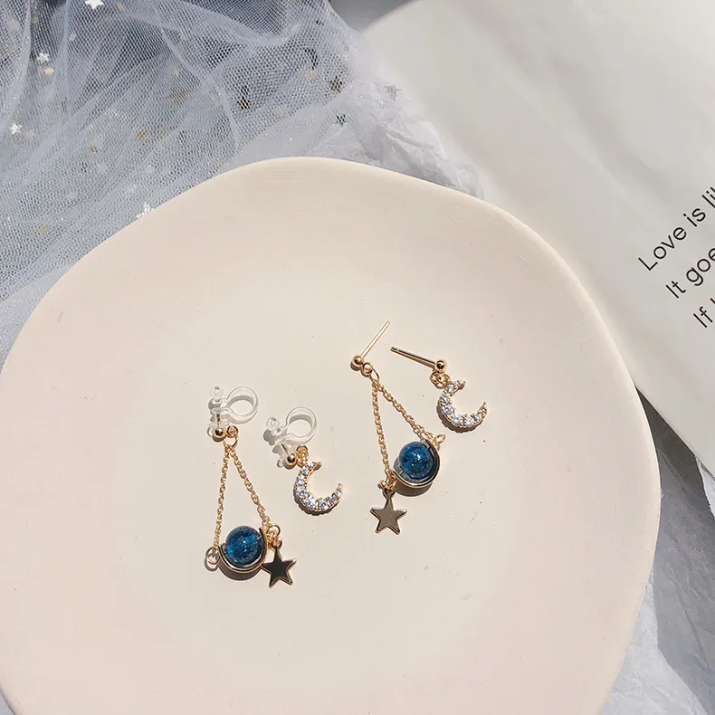 

Cute crystal moon star clip earrings for women earcuff, gold color clip on earrings without piercing boucle d oreille femme