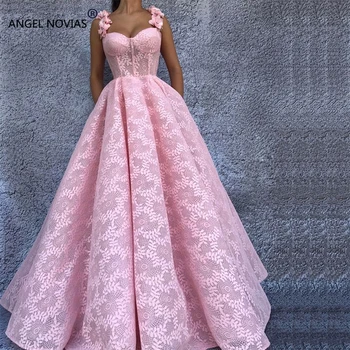 

ANGEL NOVIAS Long Pink Abendkleider Lace A Line Arabic Evening Dress 2018 Dubai Formal Kaftan Lebanon Prom Party Gowns