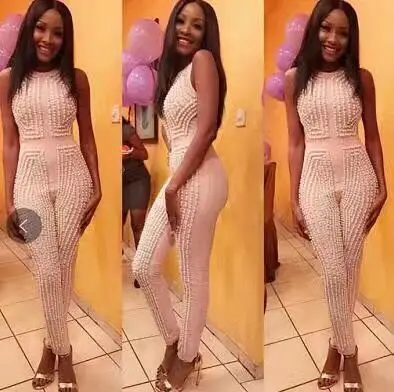 Одежда высшего качества бежевый и черный Цвет Бисер Сексуальная Bodycon Комбинезоны