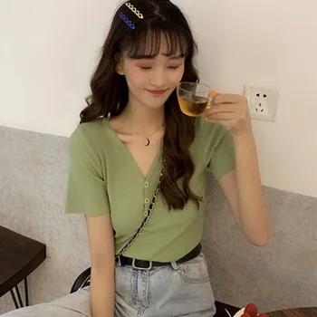 

Summer Chic Temperament Knitted T-shirts Women V-neck Short Sleeve Solid Color Simple Thin Cool Skin-friendly Tees Fashion Tops