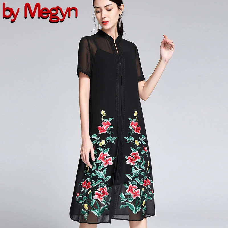 

by Megyn 2019 embroidery loose floral short sleeve plus size lady dress chiffon summer women dress 4XL elegant laday dress