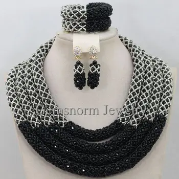 

Luxury 4 Layer Black Bridal Costume Jewelry Set Silver Seed Beads Crystal Indian Wedding African Jewelry Set Free Shipping WA257