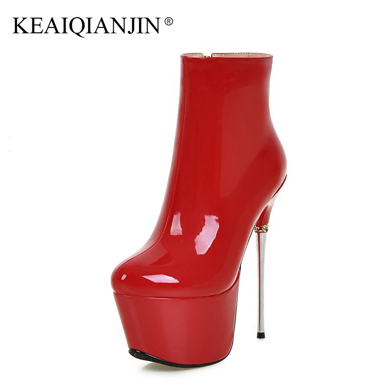 

KEAIQIANJIN Woman Sexy 16 CM High Heeled Boots Plus Size 32 - 43 Red Chelsea Boots Autumn Winter Silvery Golden Ankle Boots 2018