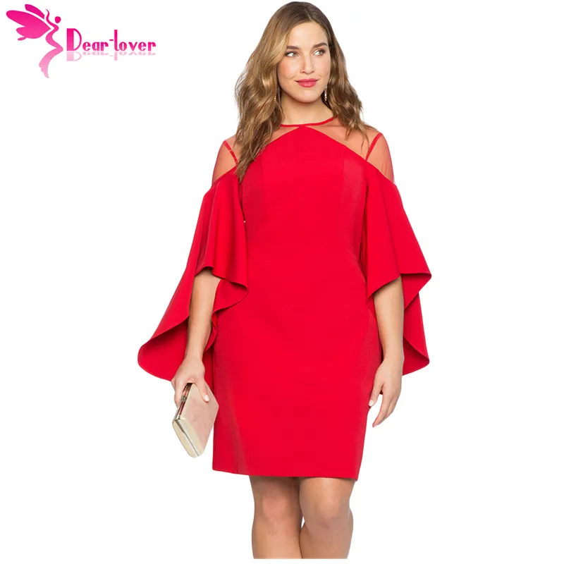 

Dear Lover Autumn 2018 Party Black Red Mesh Illusion Cold Shoulder Bell Sleeve Plus Size Dress Women Clothing Vestidos LC220395