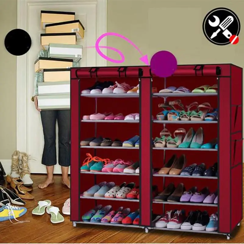 

6 Rows 2 Lines 12 Grid Non-Woven Shoe Rack Wine Red This Product Made Of Alloy And Plastic Is The Perfect Shoe Storage Solution