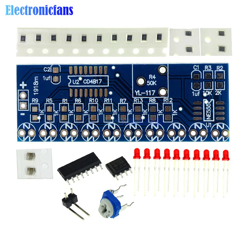 

NE555 CD4017 Running LED Flow Light Electronic Production Suite Control Board Module Capacitor Oscillator Clock Siganal DIY Kit