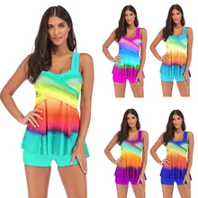 Womens Rainbow Tankini Swimdress Swimsuit Beachwear Padded Swimwear Plus Size Bikini Swim Suit Gradient Beachwear S~5XL 5 Colors floral padded plus size swimdress