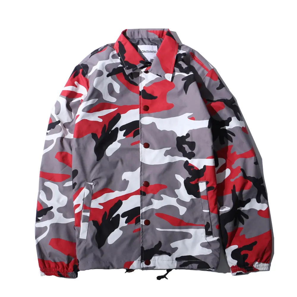 GONTHWID, цветная камуфляжная ветровка, тренерские куртки, пальто, осень, хип-хоп, отложной воротник, Comouflage, пальто, уличная одежда, 8 цветов - Цвет: Red