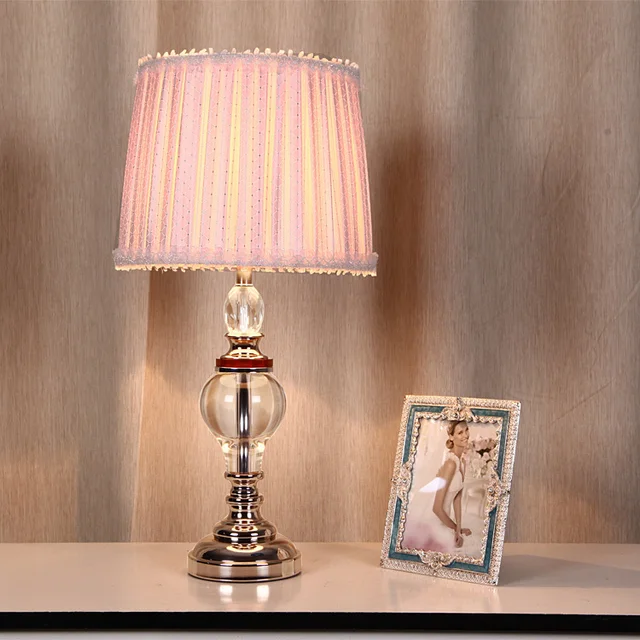 Modern Crystal Table Lamp Bedroom Bedside Pink Princess Modern Crystal Table Lamp Bedroom Bedside Pink Princess Room Plaid Fabric Lace Decorative Lighting