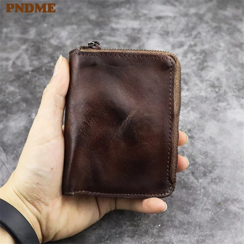 

PNDME vintage simple soft genuine leather 2 zipper multi function coin purse top layer cowhide small money and cards package