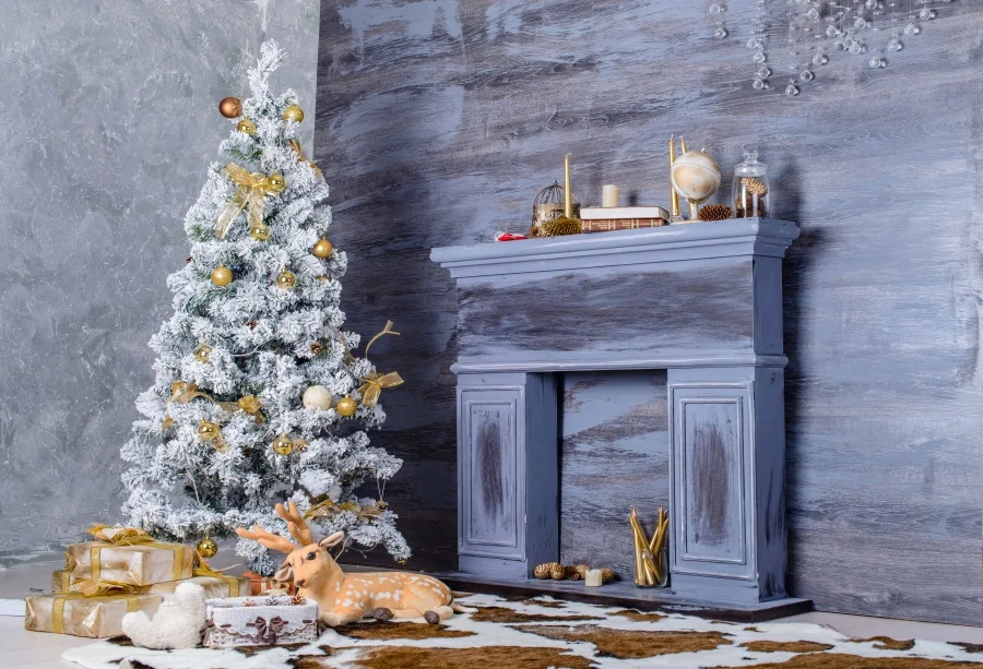 

Laeacco Christmas Tree Fireplace Wooden Board Deer Photography Backgrounds Customized Photographic Backdrops For Photo Studio