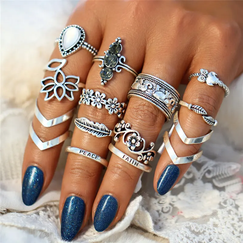 

IF YOU 11pcs/Set Bohemian Black Stone Lotus Style Rings Set Vintage Geometric Antique Knuckle Rings For Women Jewelry Gift