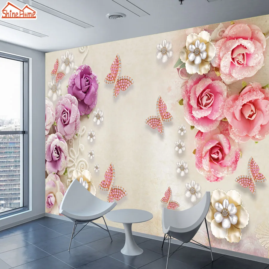 

ShineHome-Customized Butterfly Embossed Rose Floral Wallpaper 3d Wall Murals Rolls Paper Picture Wallpapers for 3 d Living Room