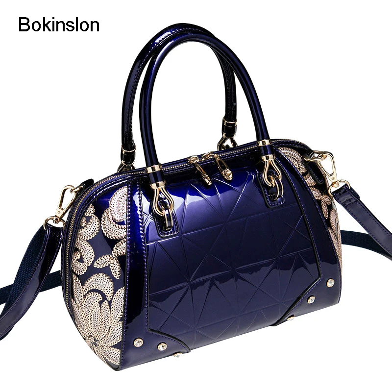 

Bokinslon Handbags Bags Woman Patent Leather Temperament Women Shoulder Bags Embroidered Elegant Female Fashion Bags