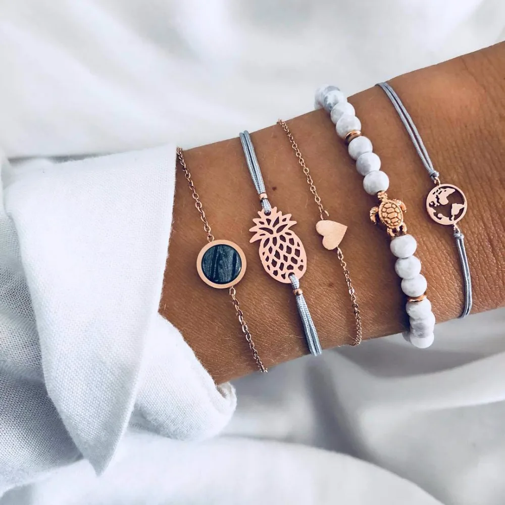 5 Pcs/Set Bohemian Turtle Pineapple Heart Map Charm Bangles For Women Fashion Beads Strand Bracelets Sets Jewelry Gifts | Украшения и