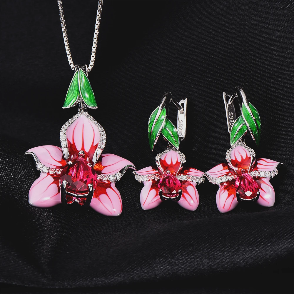 

Authentic 925 Sterling Silver Enamel Flower Silver stub Earrings Pendant Jewelry Set For Women Necklace Pendant Fashion Jewelry