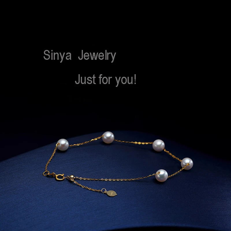 Sinya Au750 gold Bracelet Anklet with natural pearls for women girls Mom 20cm with move gold beads can adjust length (14)