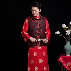 Китайский стиль Свадебные Qipao для мужчин красный cheongsam костюмы женихов платье куртка длинное традиционная вышивка мужской Тан