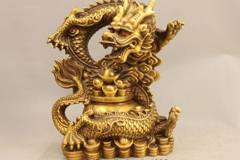 

China Dynasty Feng Shui Pure Copper Wealth Yuanbao Treasure bowl Dragon Statue