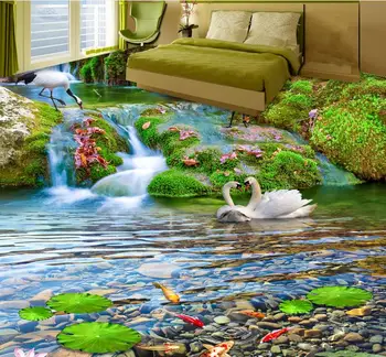 

floor vinyl adhesive Custom landscape wallpaper mural 3d floor wallpaper Waterfall Crane Goldfish 3d wallpaper living room