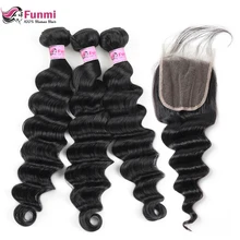 Funmi свободные глубокие волнистые пучки с закрытием 4X4 дюймов Связки малайзийских волос с закрытием Детские волосы 3 пучка с кружевом