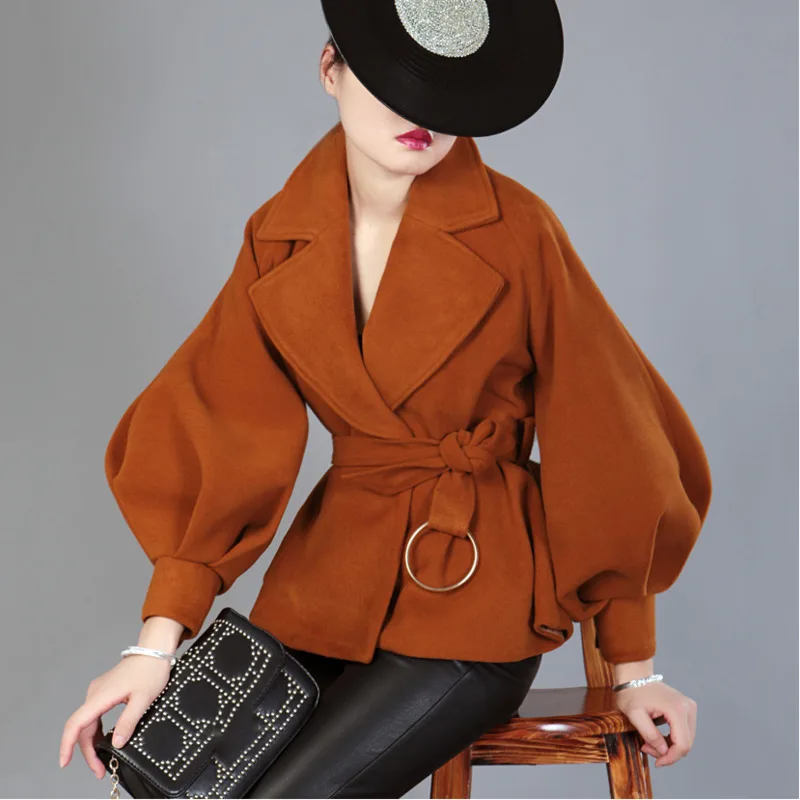 

LANMREM 2019 Spring Women Long Lantern Sleeve Loose Belt Woolen Coat Turn-down Collar Female Solid Color Overcoat TA591