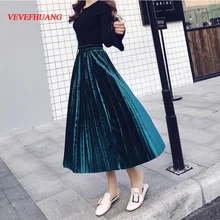 Новая весенне-осенняя Женская Однотонная юбка Вельветовая с завышенной талией эластичная Повседневная Женская юбка миди свободная винтажная плиссированная юбка