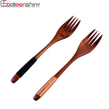 

BalleenShiny 1pc Japanese Style Wooden Fruit Fork Handmade Cable Tie Handle Dessert Dining Forks Four Tooth Cutlery Tableware
