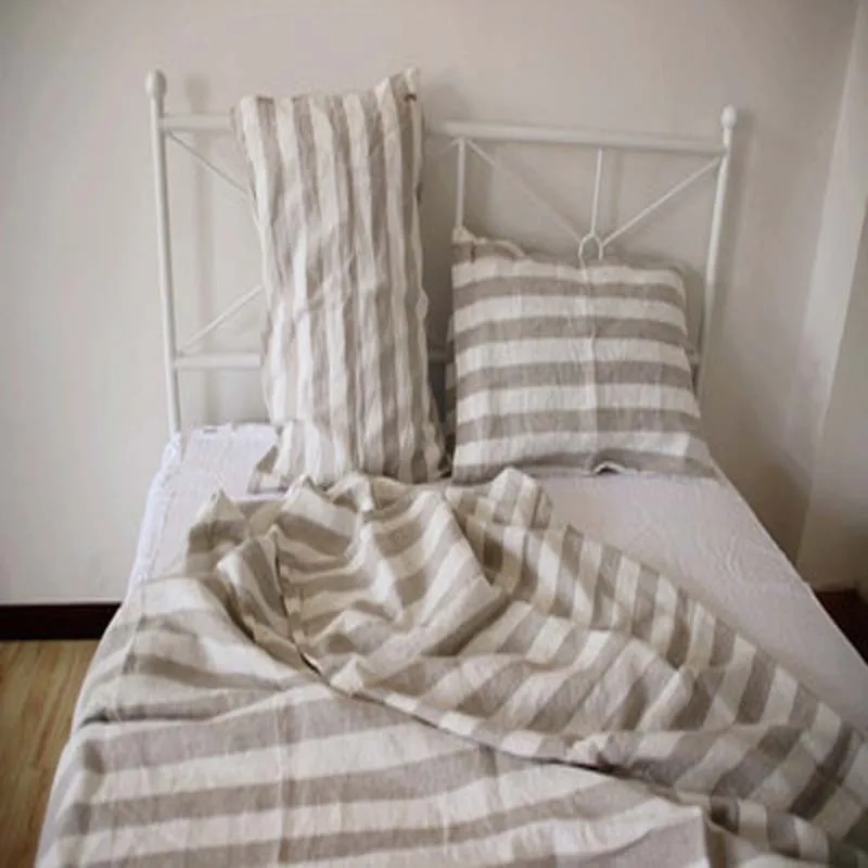 3pcs French Washed Linen Bedding Set King Striped Flax Pure Linen Sheets Set Pillowcases Shams Bed sheets Bedsheet Christmas