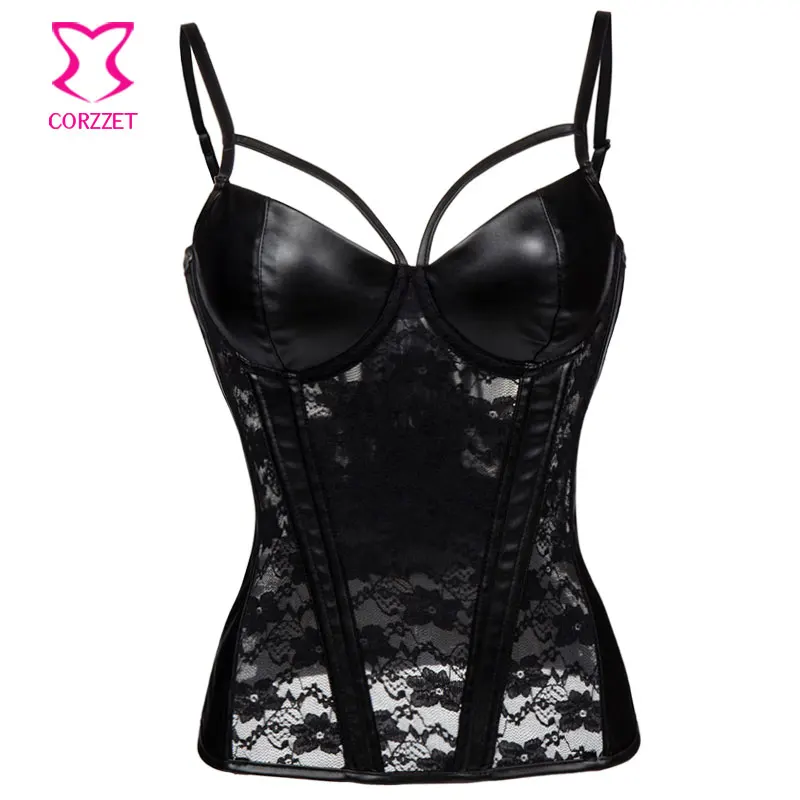 

Black Floral Lace & Leather Cut Out Bra Strap Push Up Corsets And Bustiers Sexy Lingerie Steampunk Corset Gothic Underwear Women