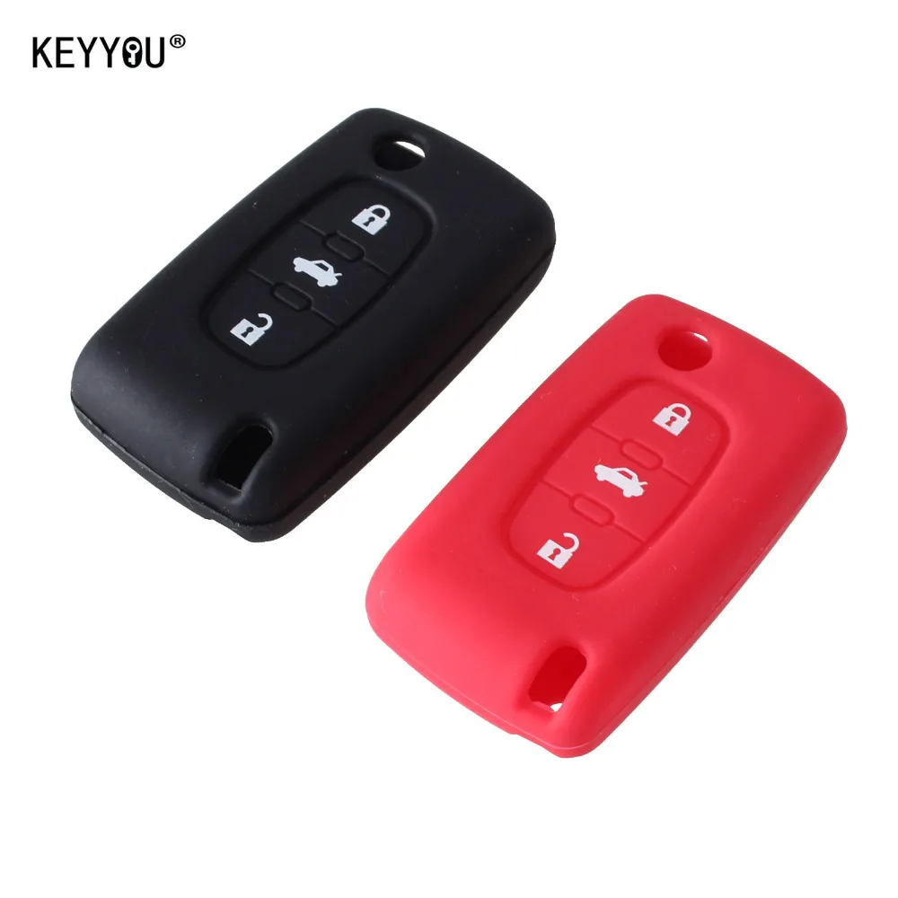

KEYYOU Silicone 3 Buttons Flip Folding Remote Key Case Shell Key Case Cover for PEUGEOT 307 308 407 607