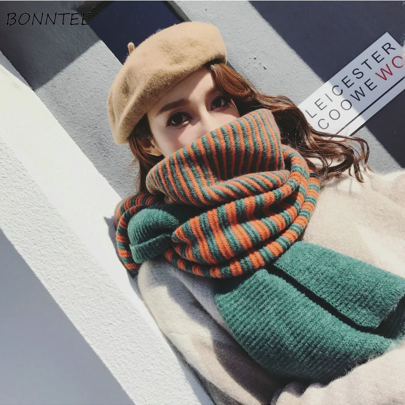 

Scarves Women Knitted Thicker Trendy Colorful Striped Student Long Scarf Korean Style Elegant Womens Shawl Winter Simple Lovely