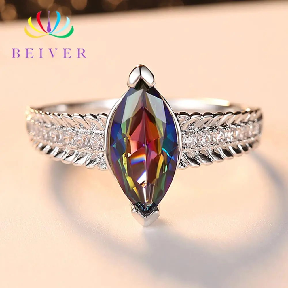 

Beiver 2019 New Arrival White Gold Color Rainbow Oval Zircon Promise Wedding Bands Rings for Women Party Jewelry Ladies Gifts