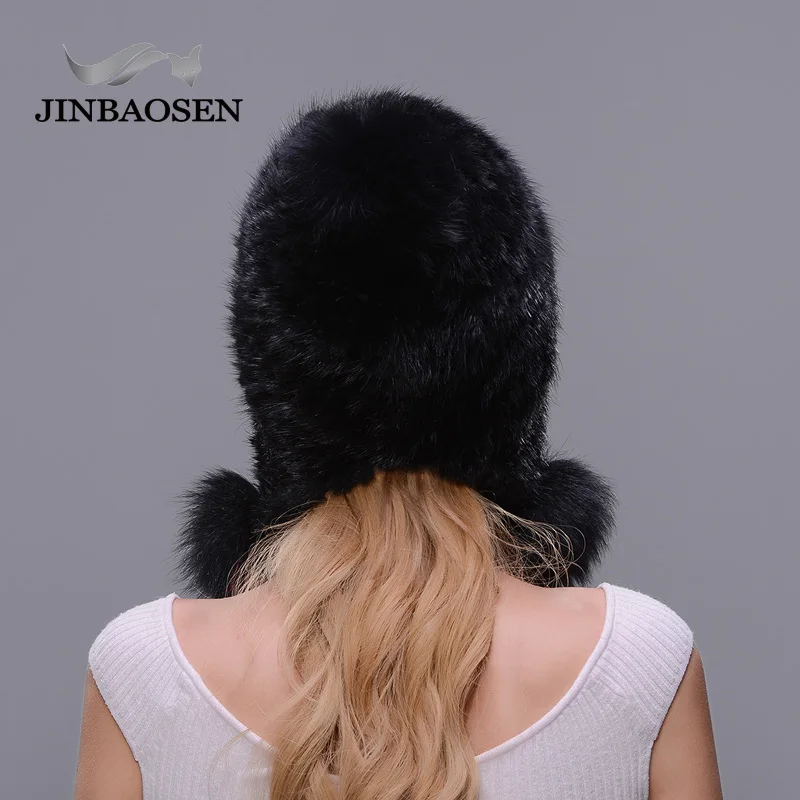 Женская зимняя теплая шапка JINBAOSEN черная из меха лисы вязаная шерстяная защита