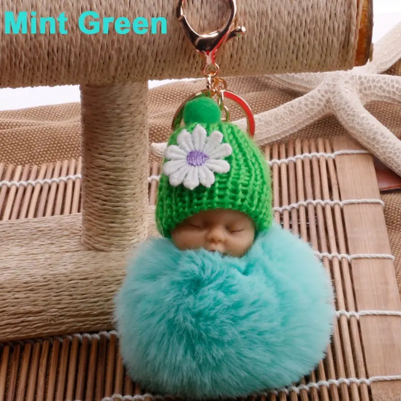 Спящая кукла, брелок с помпоном из искусственного меха, автомобильный брелок, детская игрушка, брелок для ключей, Женский держатель для ключей, сумка, подвеска, ювелирное изделие, подарок - Цвет: Mint Green