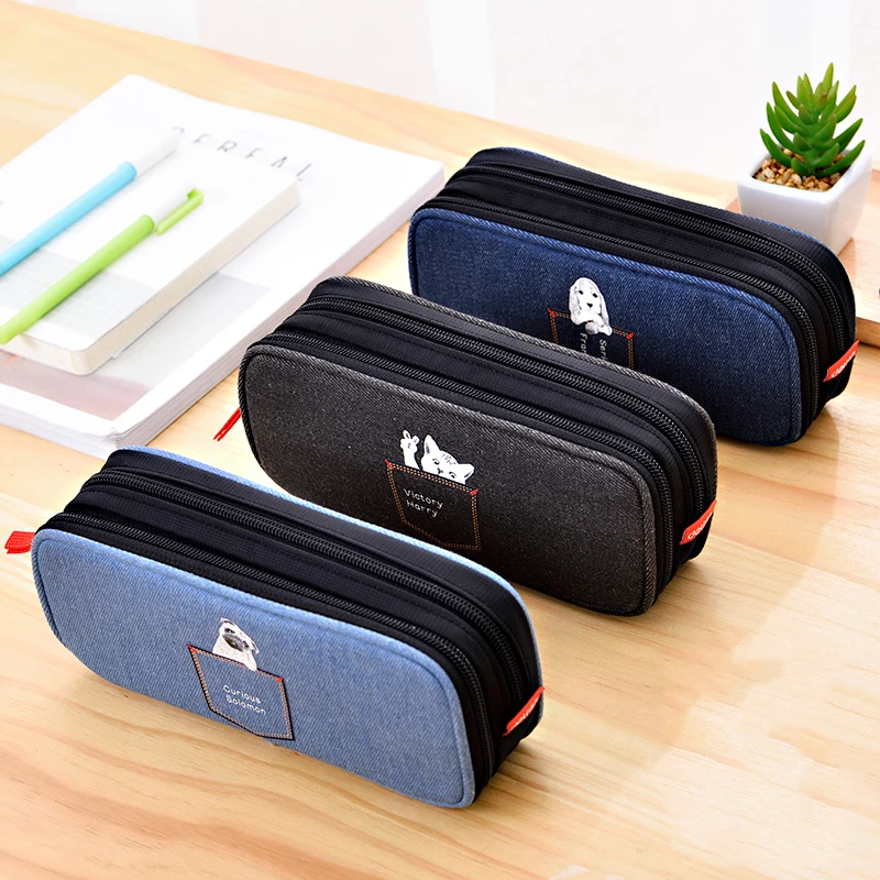 

Creative Large Capacity Double Layer Pencil Case Denim Canvas Pencil Bag Cartoon Pattern School Case Stationery