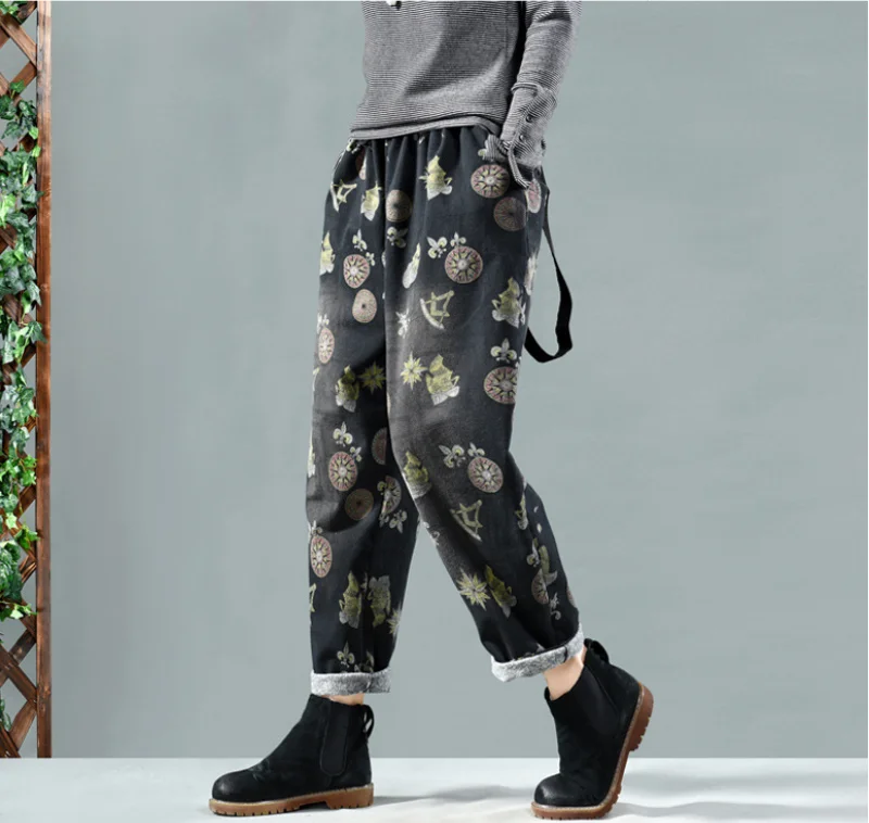 Autumn Winter Pants Retro Women Loose Fleece Warm Trousers
