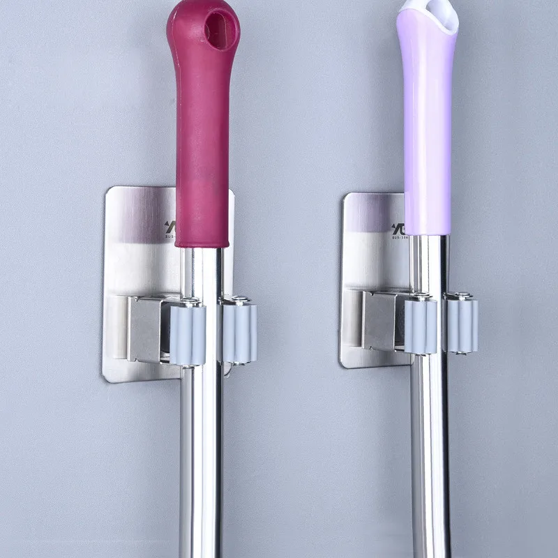 Balleenshiny 304 المقاوم للصدأ منظم جدار المطبخ تخزين الرف حامل المكنسة الممسحة حامل ماجيك ملصق مكنسة رف