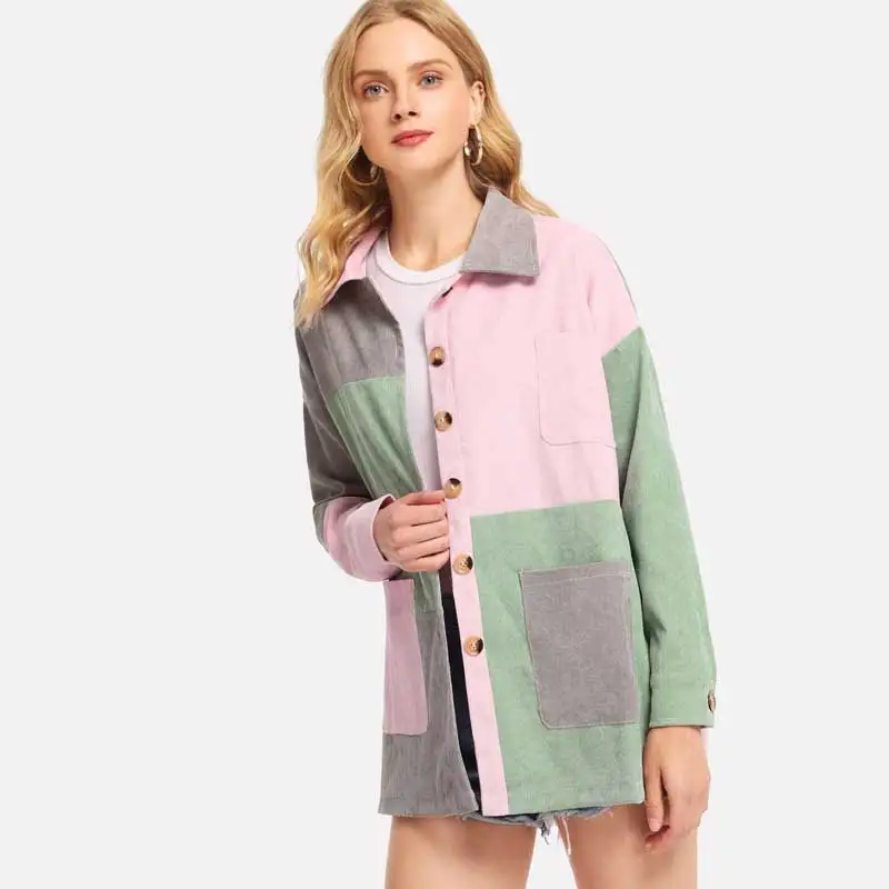 Apperloth Multicolor Elegant Lady Corduroy Shirt Cut and Sew Pocket Long Sleeve Blouse 2018 Autumn Weekend Casual Women Shirts
