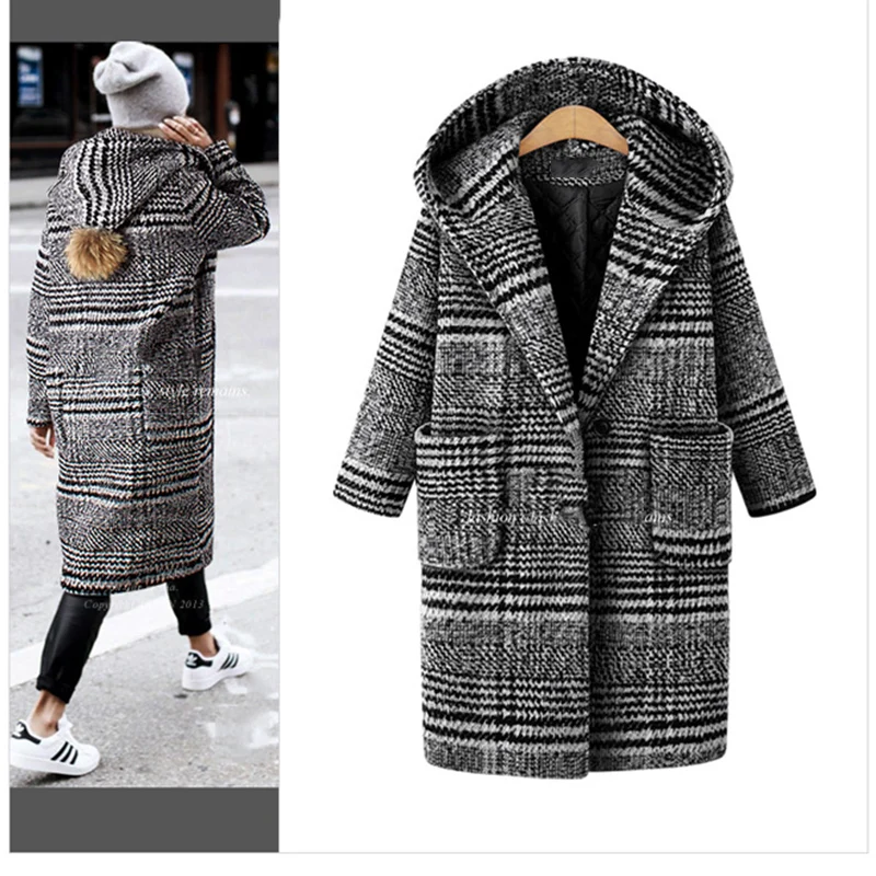 Новое клетчатое твидовое зимнее пальто для женщин с капюшоном повседневное толстое длинное пальто размера плюс женская винтажная шерстяная Верхняя одежда на одной пуговице B67