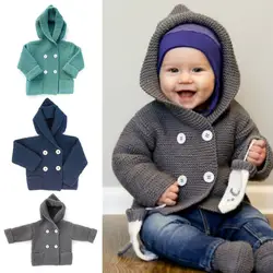 Зимний теплый свитер для новорожденных с меховым воротником и отстегивающимся капюшоном, вязаный кардиган для маленьких мальчиков и