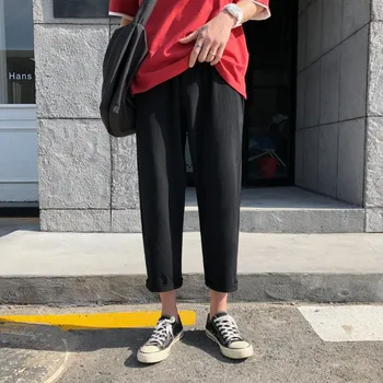 

2019 Summer Men Casual Loose Thin Solid Color Cotton Linen Straight Pants Elastic Waist Leisure Ankle-length Trousers Male M-2XL