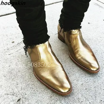 

2019 Metallic Gold Silver Soft Leather Pointed Toe Anke Boots Stacked Chunky Heel Chelsea Boots Street Fashion Men Shoes